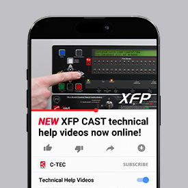 A closeup of a smartphone screen with a YouTube-style video interface: an image of someone pressing an XFP panel, and below that is the text "NEW XFP CAST technical help videos now online!". Below that are buttons such as "like" and "share" similar to the YouTube interface